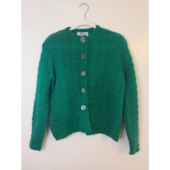 Vintage Womens Dotty Man Mohair Blend Kelly Green Pinup Rockabilly Twee Cardigan - Picture 1 of 9